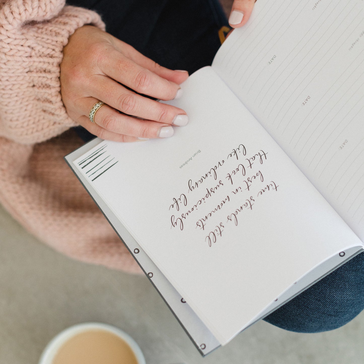 gratitude quote on a page inside the three happy thoughts journal