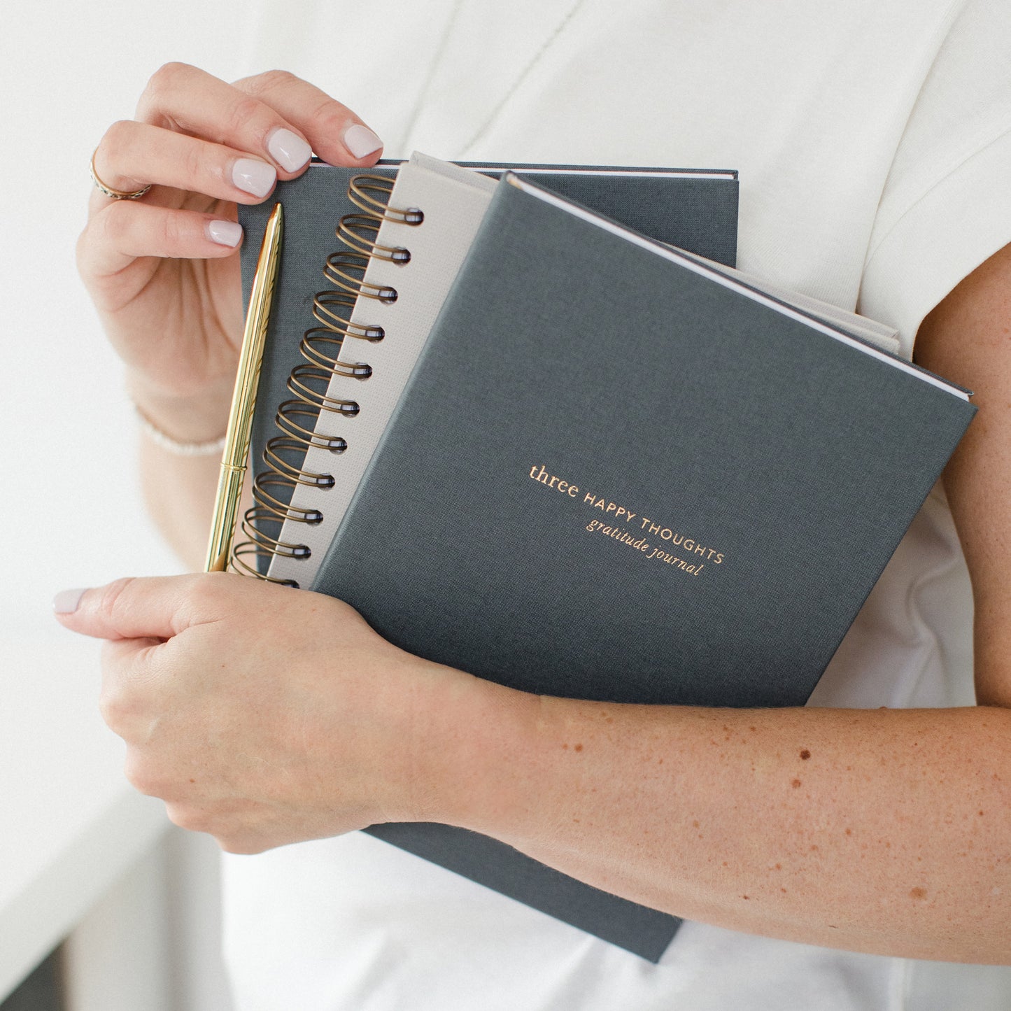 three happy thoughts journal grey cover with gold foil detail