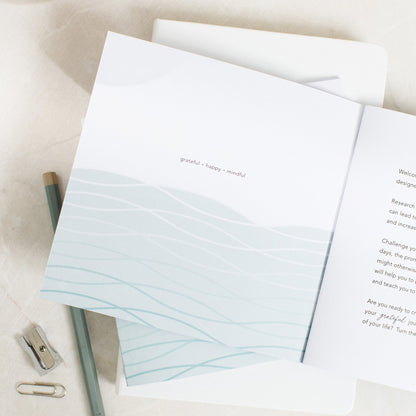 The inside front cover of Grateful a 30 day guided gratitude journal with the words grateful, happy, mindful on show