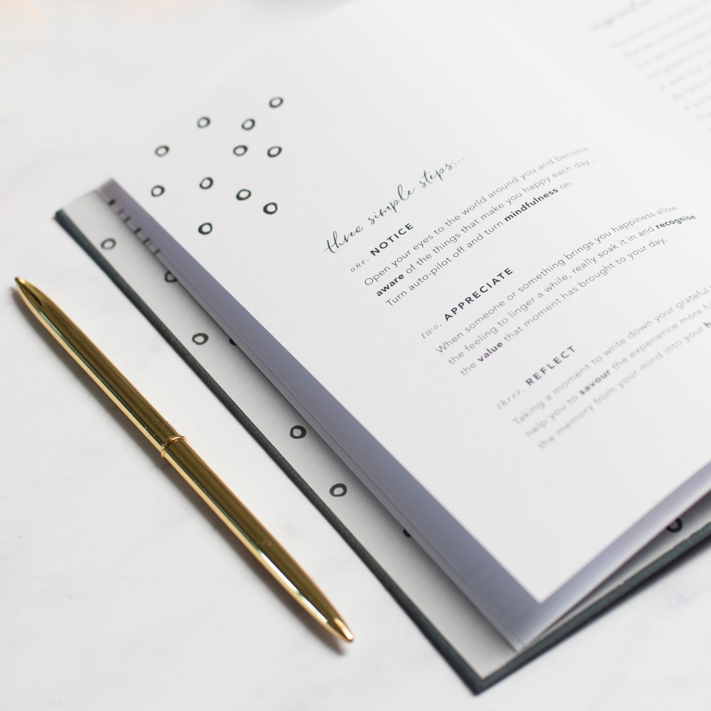 how to start gratitude journaling page inside the three happy thoughts journal