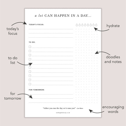 A lot can happen in a day, daily planner pad, with arrows highlighting each section, focus, to do, for tomorrow, hydrate, doodles and notes, encouraging words