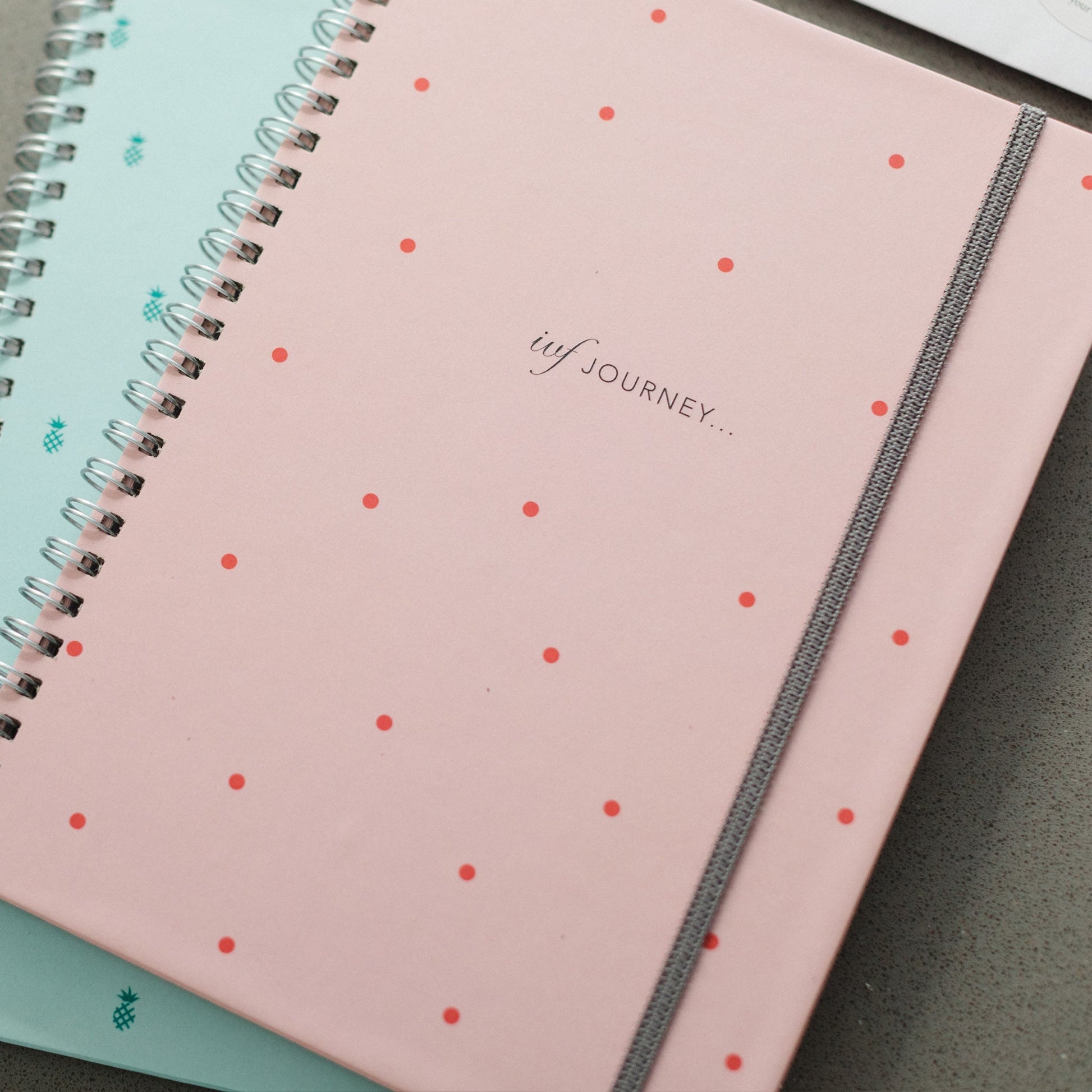 Close up of the IVF Journey pink spot cover and green pineapple cover.