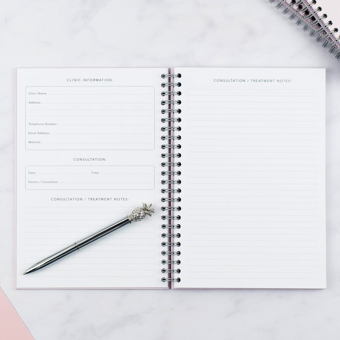 An inside spread of the Nothing But Lovely IVF Journal showing the clinic information and consultation treatment notes pages.