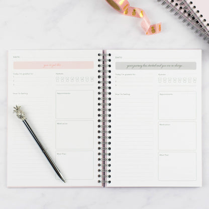 A double page spread in the IVF Planner by Nothing But Lovely showing two daily pages with space for gratitude, journalling, appointments, medication and meal plan.