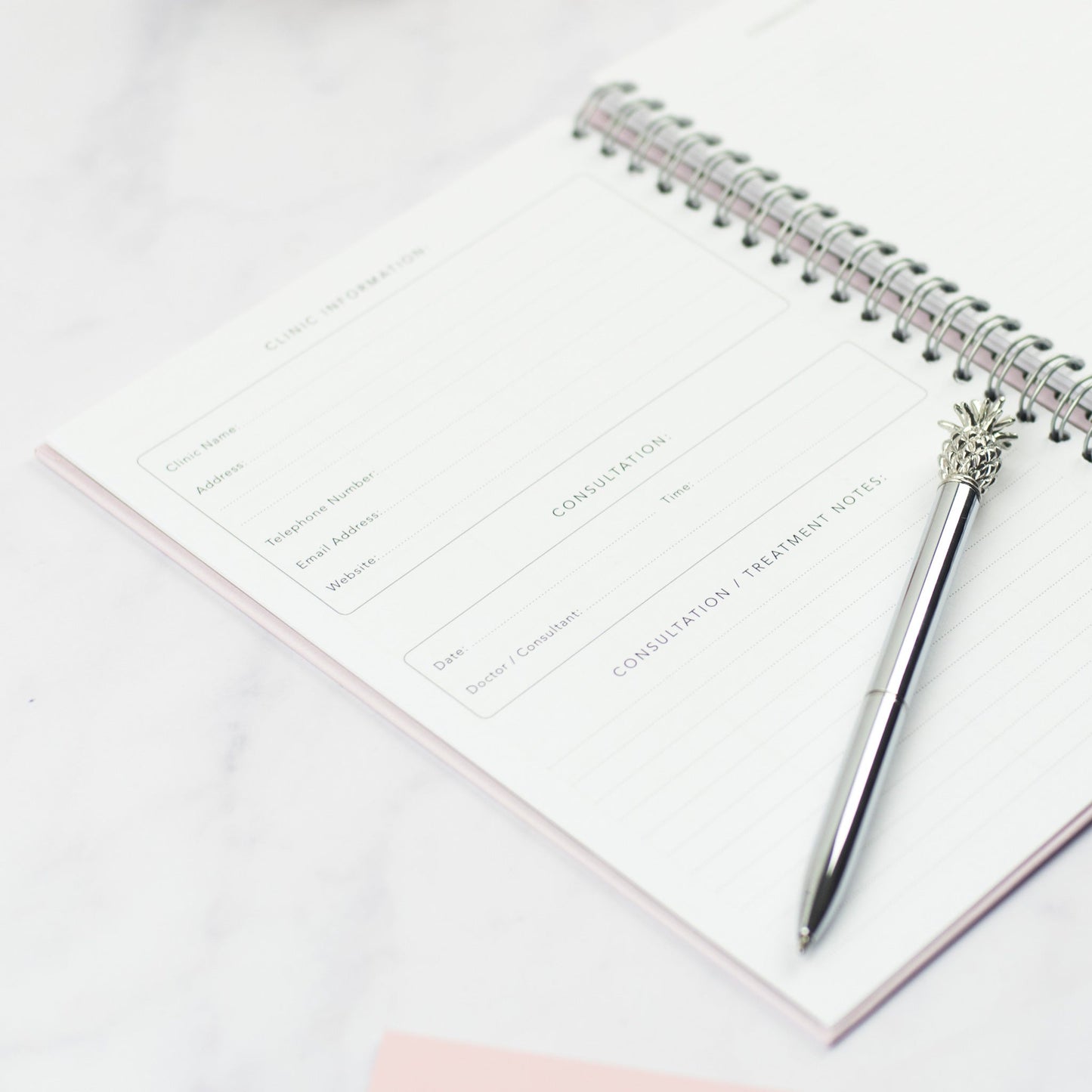 The IVF Planner open at the Clinic Information and Consultation page with a pineapple pen laying on top.