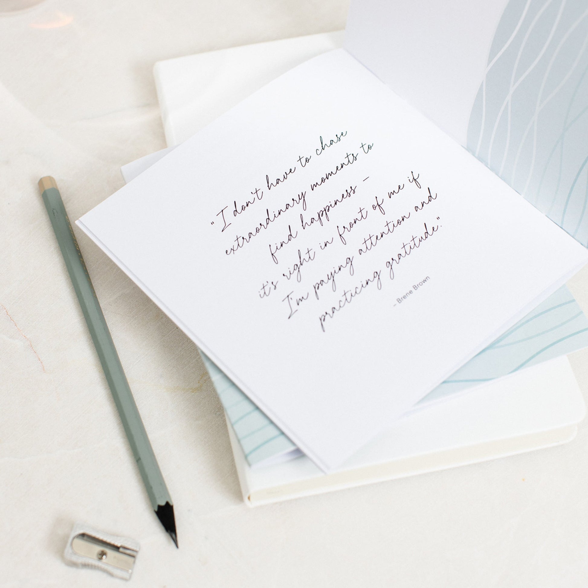 A quote page in the Grateful Guided Journal, the quote is about practising gratitude by Brene Brown