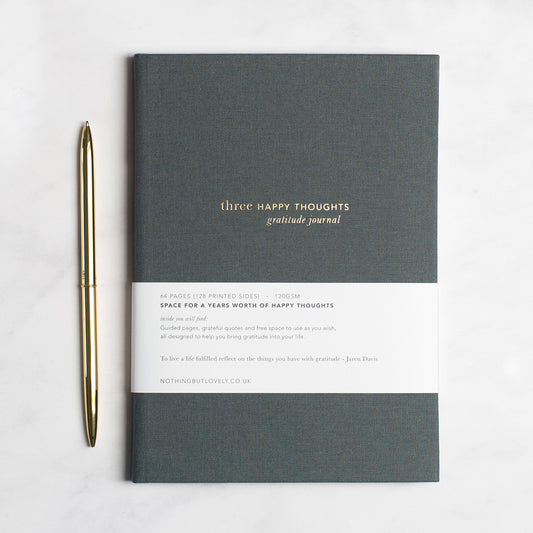 three happy thoughts journal with sleeve which details space for a years worth of happy thoughts