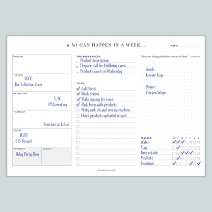 a lot can happen in a week... weekly planner pad filled in with descriptive text