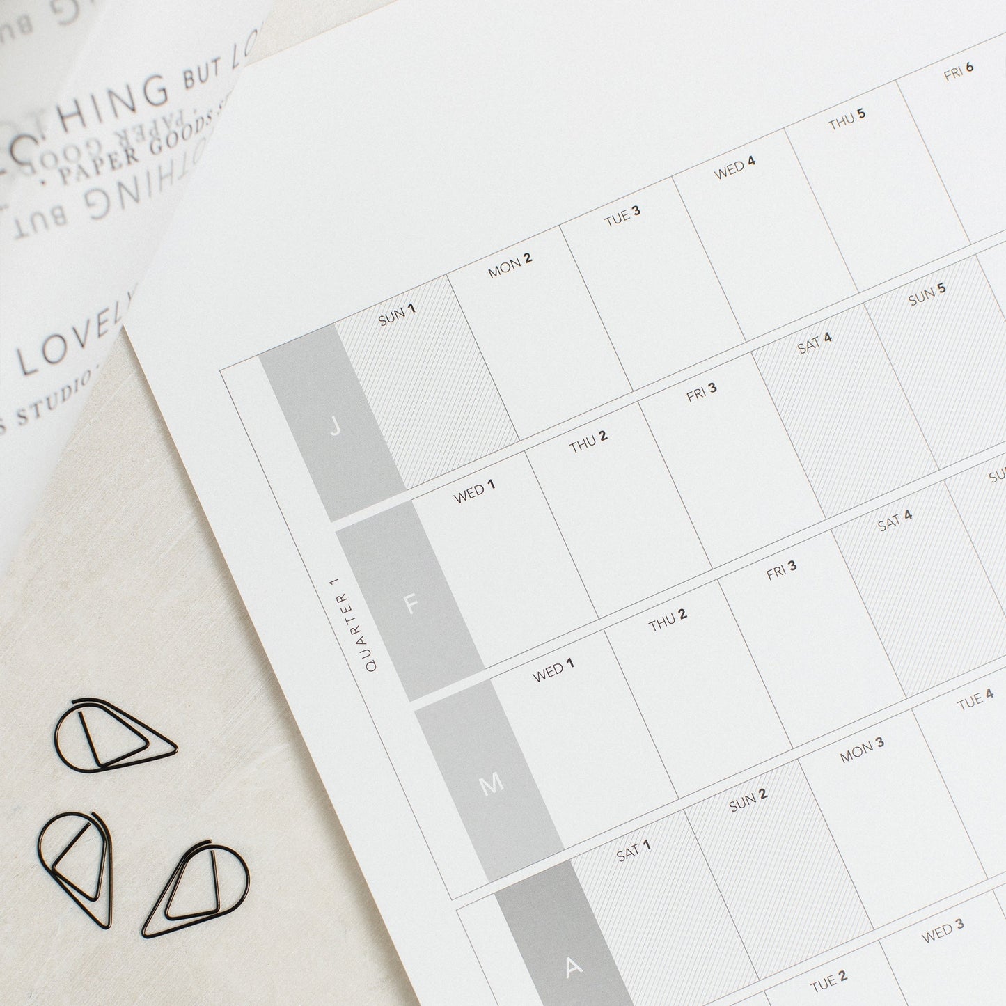 a close up of the 2025 wall planner. The close up shows Quarter 1 and the size of the text boxes. 