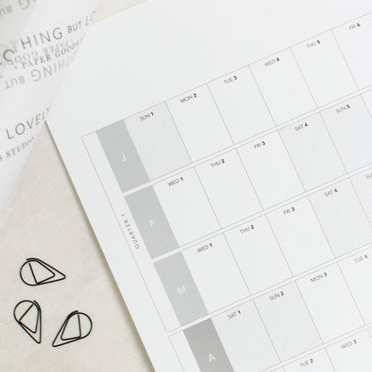 a close up of the 2025 wall planner. The close up shows Quarter 1 and the size of the text boxes. 
