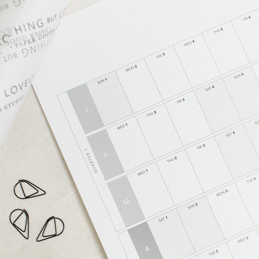 a close up of the 2025 wall planner. The close up shows Quarter 1 and the size of the text boxes. 
